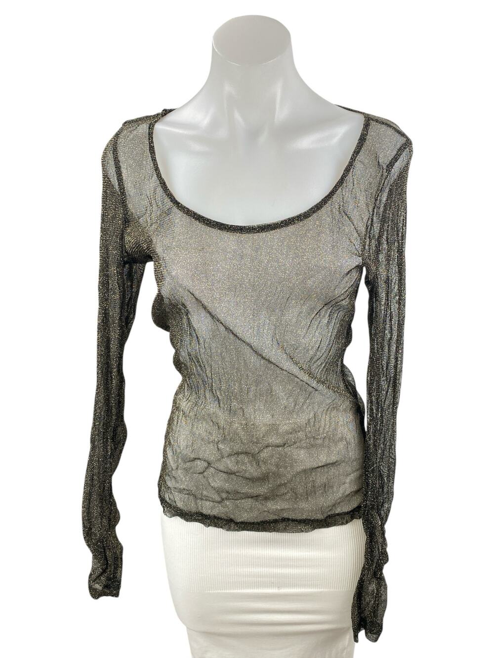 2lot & Delicious Black Mesh Sheer Skull Long Sleeve Scoop Neck Blouse Top Size L